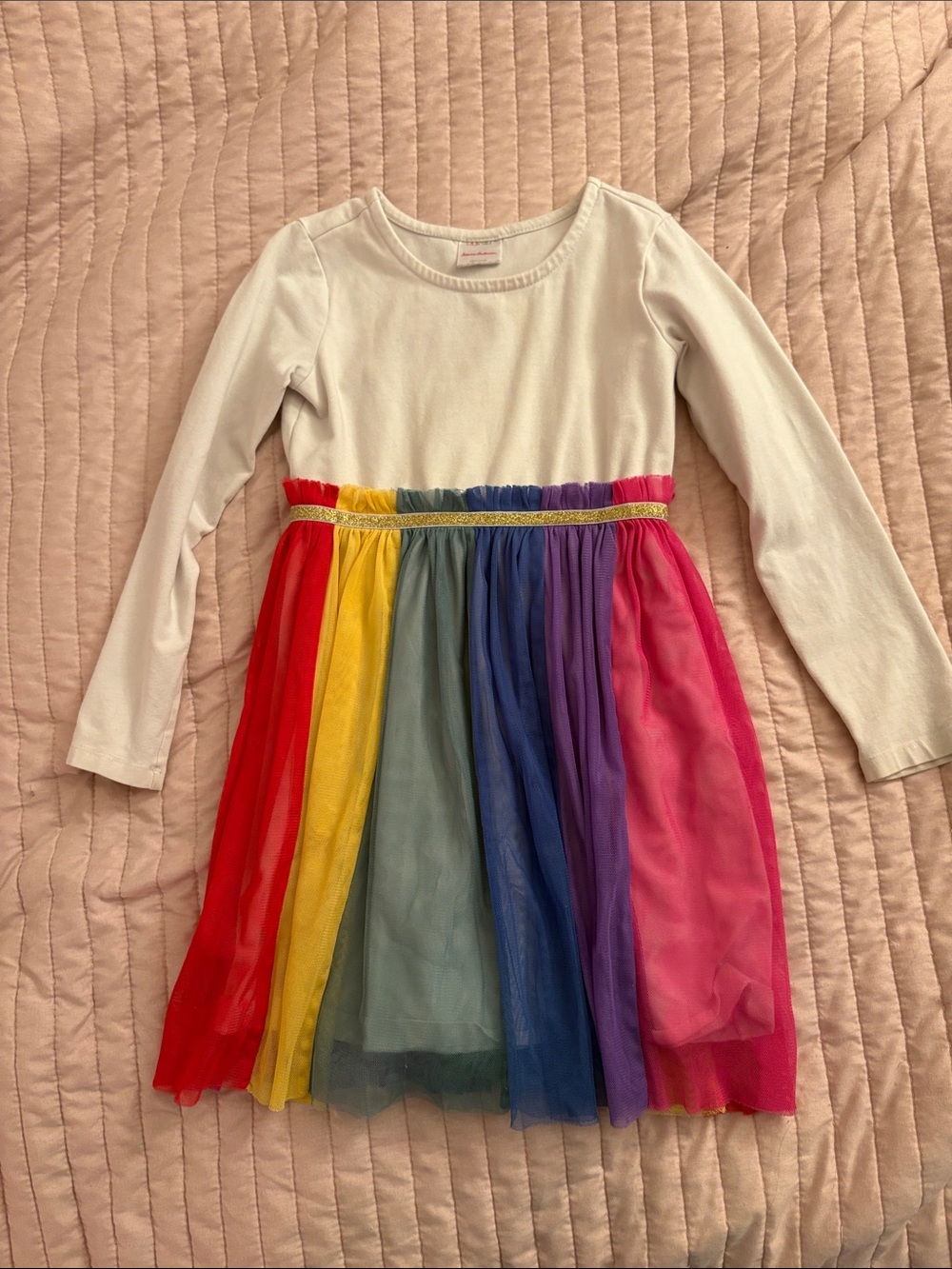 Hanna Andersson White Top Rainbow Tulle Dress with Gold Waist